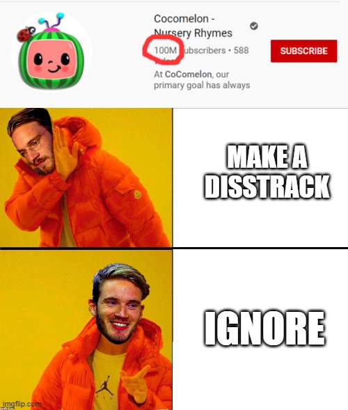 Pewds is kinda losing tho. | MAKE A DISSTRACK; IGNORE | image tagged in drake pewdiepie,cocomelon,cocomelon vs pewdiepie,memes,funny,funny memes pewdiepie | made w/ Imgflip meme maker