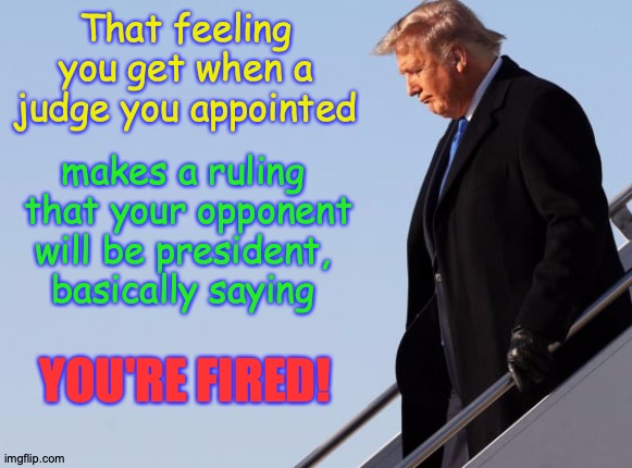 Trump's fired! | That feeling you get when a judge you appointed; makes a ruling
 that your opponent
 will be president, 
basically saying; YOU'RE FIRED! | image tagged in trump exiting plane | made w/ Imgflip meme maker