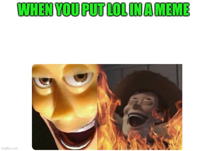 Satanic Woody | WHEN YOU PUT LOL IN A MEME | image tagged in satanic woody | made w/ Imgflip meme maker