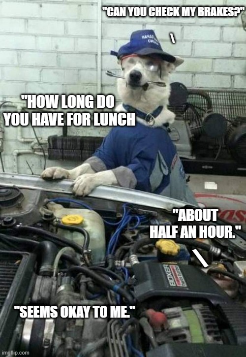 Dog Car Mechanic | "CAN YOU CHECK MY BRAKES?"
  
 \; "HOW LONG DO  YOU HAVE FOR LUNCH; "ABOUT HALF AN HOUR."; \; "SEEMS OKAY TO ME." | image tagged in dog car mechanic | made w/ Imgflip meme maker