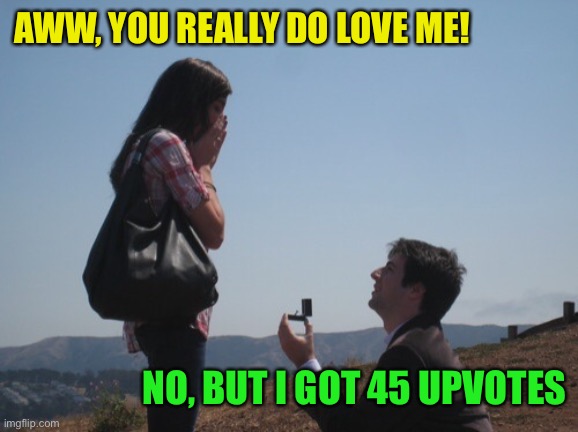 Marriage proposal | AWW, YOU REALLY DO LOVE ME! NO, BUT I GOT 45 UPVOTES | image tagged in marriage proposal | made w/ Imgflip meme maker