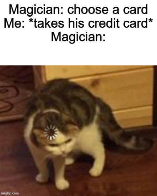 Loading cat | Magician: choose a card
Me: *takes his credit card*
Magician: | image tagged in loading cat | made w/ Imgflip meme maker