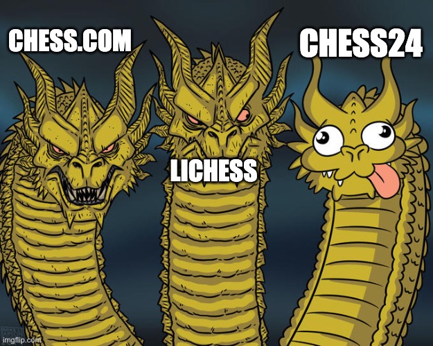 chess websites be like | CHESS24; CHESS.COM; LICHESS | image tagged in three-headed dragon | made w/ Imgflip meme maker