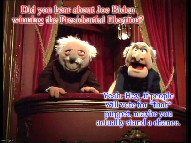 The Muppet's Waldorf & Statler | Did you hear about Joe Biden winning the Presidential Election? Yeah. Hey, if people will vote for *that* puppet, maybe you actually stand a chance. | image tagged in the muppet's waldorf statler | made w/ Imgflip meme maker