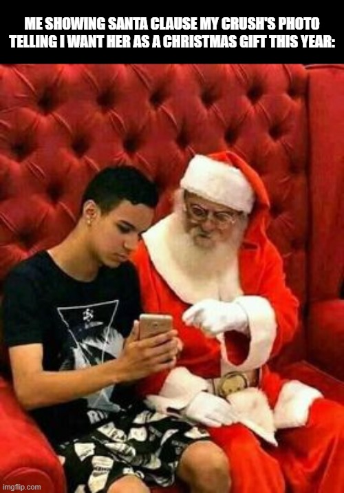 <3 | ME SHOWING SANTA CLAUSE MY CRUSH'S PHOTO TELLING I WANT HER AS A CHRISTMAS GIFT THIS YEAR: | image tagged in meme | made w/ Imgflip meme maker