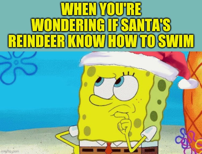 Saltwater Santa?- One for SpongeBob Christmas Weekend | WHEN YOU'RE WONDERING IF SANTA'S REINDEER KNOW HOW TO SWIM | image tagged in spongebob,christmas,weekend | made w/ Imgflip meme maker