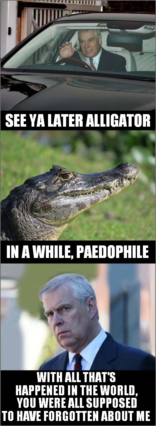Duke Of Yorks Disgrace Not Forgotten ! | SEE YA LATER ALLIGATOR; IN A WHILE, PAEDOPHILE; WITH ALL THAT'S HAPPENED IN THE WORLD, YOU WERE ALL SUPPOSED TO HAVE FORGOTTEN ABOUT ME | image tagged in british royals,prince andrew,shameless,dark humour | made w/ Imgflip meme maker