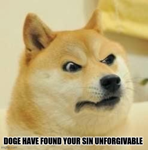 angry doge | DOGE HAVE FOUND YOUR SIN UNFORGIVABLE | image tagged in angry doge | made w/ Imgflip meme maker