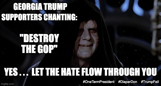 Look what happens when you create a monster | GEORGIA TRUMP; SUPPORTERS CHANTING:; "DESTROY THE GOP"; YES . . .  LET THE HATE FLOW THROUGH YOU; #OneTermPresident    #DiaperDon    #TrumpFail | image tagged in let the hate flow through you,trump,georgia,gop,republicans,failure | made w/ Imgflip meme maker