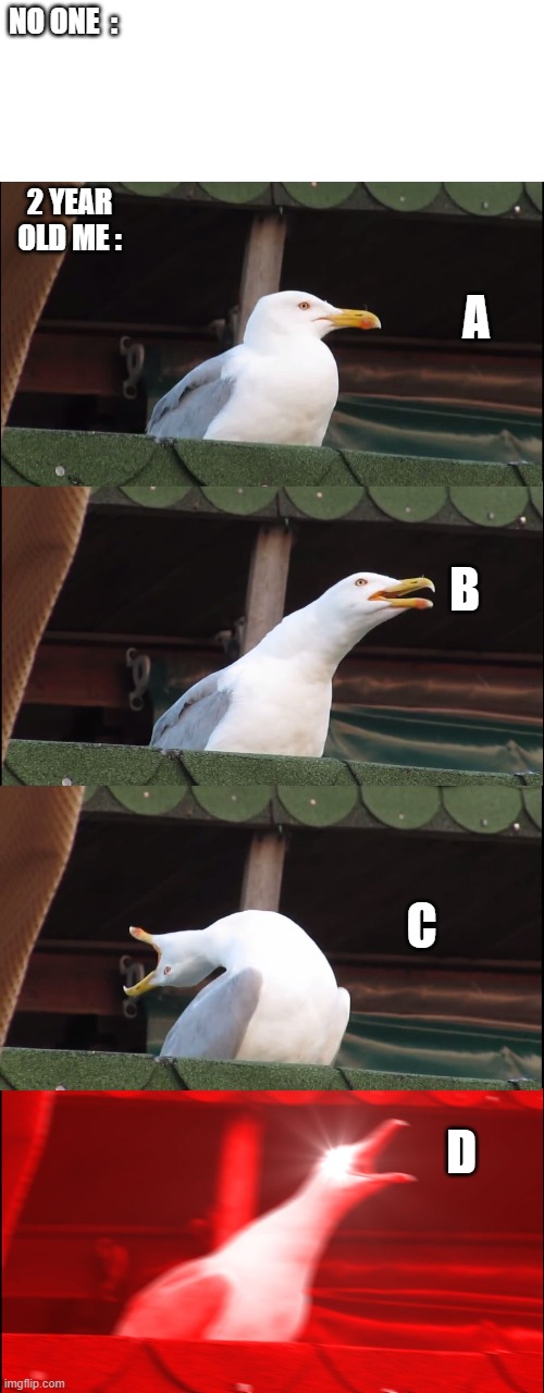 Inhaling Seagull Meme | NO ONE  :; 2 YEAR OLD ME :; A; B; C; D | image tagged in memes,inhaling seagull | made w/ Imgflip meme maker