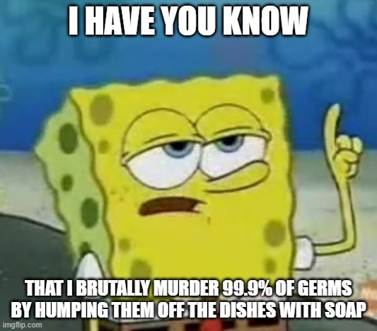 Sponges are very disgusting killing machines when you think about it | I HAVE YOU KNOW; THAT I BRUTALLY MURDER 99.9% OF GERMS BY HUMPING THEM OFF THE DISHES WITH SOAP | image tagged in memes,i'll have you know spongebob | made w/ Imgflip meme maker