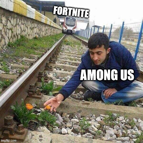wtf do i need this | FORTNITE; AMONG US | image tagged in flower train man | made w/ Imgflip meme maker