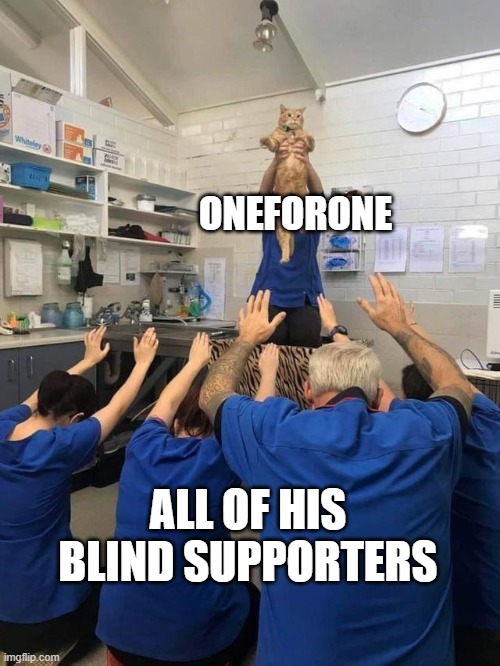 Trust me, I'm a professional! | ONEFORONE; ALL OF HIS BLIND SUPPORTERS | image tagged in all hail the cat,all hail me,danny boy | made w/ Imgflip meme maker