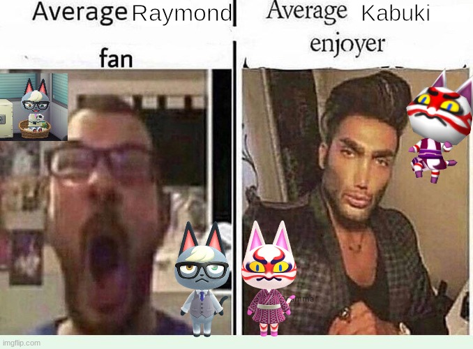 kabuki >> | Raymond; Kabuki | image tagged in average blank fan vs average blank enjoyer,animal crossing,raymond,kabuki | made w/ Imgflip meme maker