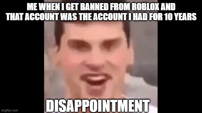 ME WHEN I GET BANNED FROM ROBLOX AND THAT ACCOUNT WAS THE ACCOUNT I HAD FOR 10 YEARS; DISAPPOINTMENT | image tagged in and then i saw her face | made w/ Imgflip meme maker