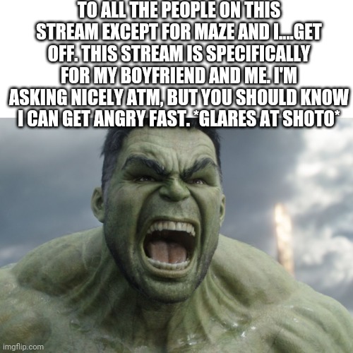 I mean it, get tf off | TO ALL THE PEOPLE ON THIS STREAM EXCEPT FOR MAZE AND I....GET OFF. THIS STREAM IS SPECIFICALLY FOR MY BOYFRIEND AND ME. I'M ASKING NICELY ATM, BUT YOU SHOULD KNOW I CAN GET ANGRY FAST. *GLARES AT SHOTO* | image tagged in raging hulk | made w/ Imgflip meme maker
