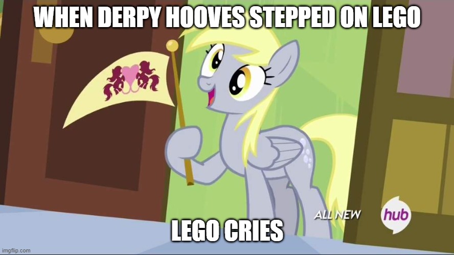 Derpy Hooves facts | WHEN DERPY HOOVES STEPPED ON LEGO; LEGO CRIES | image tagged in derpy hooves facts | made w/ Imgflip meme maker