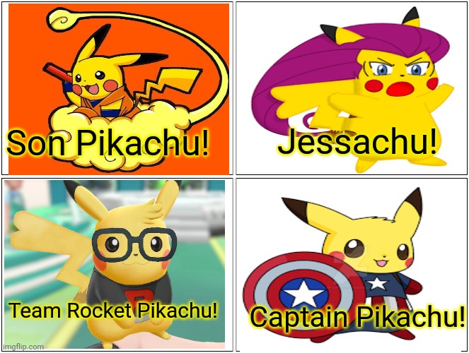 Pikachu cosplay starter pack | Jessachu! Son Pikachu! Team Rocket Pikachu! Captain Pikachu! | image tagged in memes,blank comic panel 2x2,starter pack,pikachu,cosplay | made w/ Imgflip meme maker