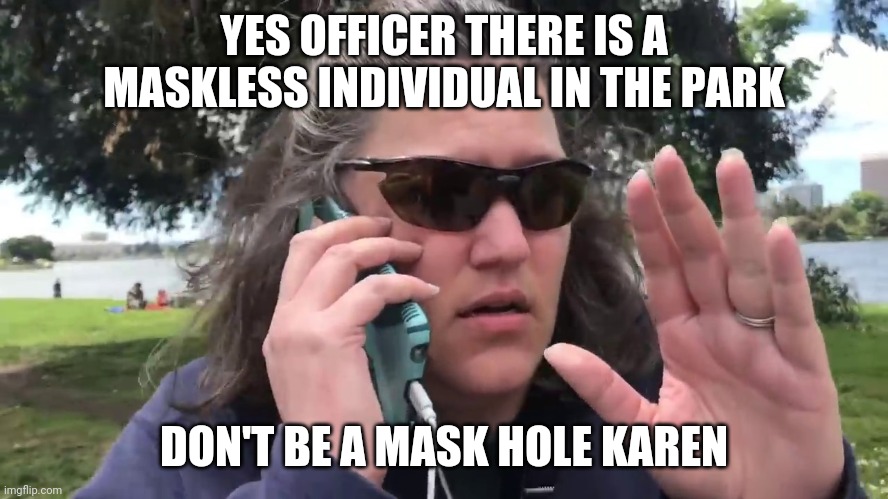 Karen | YES OFFICER THERE IS A MASKLESS INDIVIDUAL IN THE PARK; DON'T BE A MASK HOLE KAREN | image tagged in karen | made w/ Imgflip meme maker