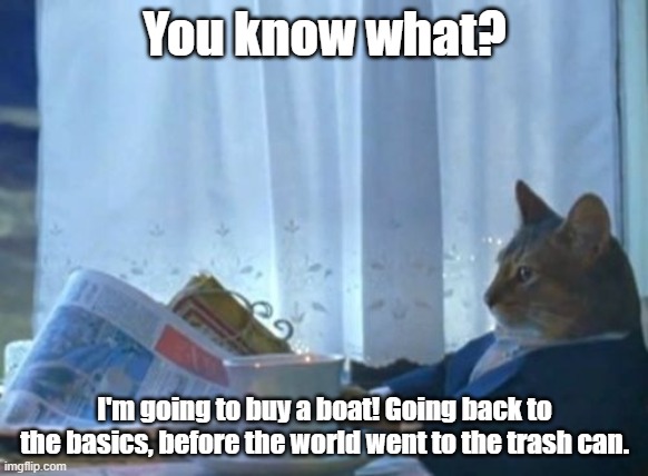 Going back to basics. | You know what? I'm going to buy a boat! Going back to the basics, before the world went to the trash can. | image tagged in memes,i should buy a boat cat | made w/ Imgflip meme maker