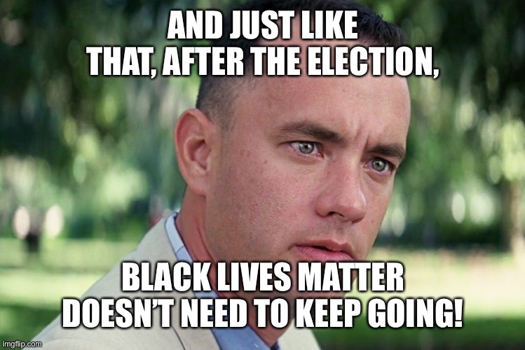 And Just Like That Meme | AND JUST LIKE THAT, AFTER THE ELECTION, BLACK LIVES MATTER DOESN’T NEED TO KEEP GOING! | image tagged in memes,and just like that | made w/ Imgflip meme maker