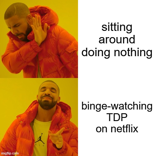 Drake Hotline Bling | sitting around doing nothing; binge-watching TDP on netflix | image tagged in memes,drake hotline bling | made w/ Imgflip meme maker