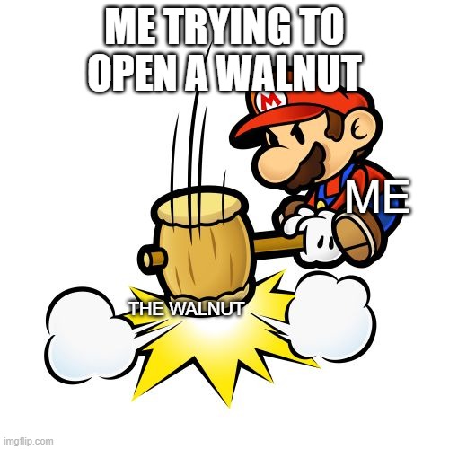 Mario Hammer Smash Meme | ME TRYING TO OPEN A WALNUT; ME; THE WALNUT | image tagged in memes,mario hammer smash | made w/ Imgflip meme maker