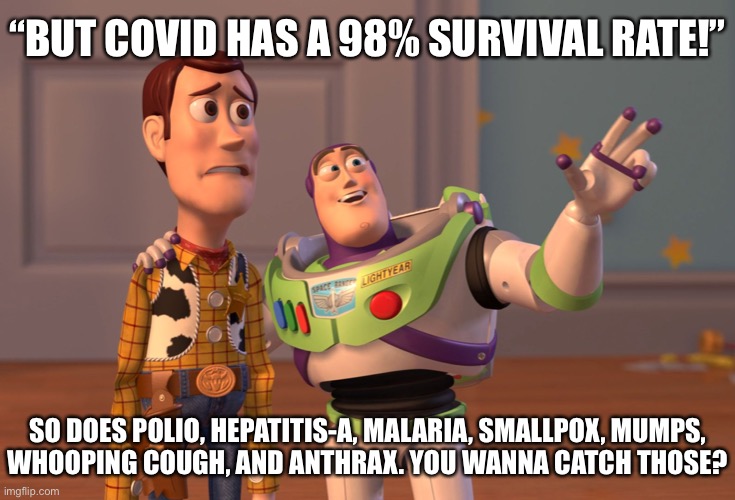 X, X Everywhere Meme | “BUT COVID HAS A 98% SURVIVAL RATE!”; SO DOES POLIO, HEPATITIS-A, MALARIA, SMALLPOX, MUMPS,
WHOOPING COUGH, AND ANTHRAX. YOU WANNA CATCH THOSE? | image tagged in memes,covid19,covid,covidiots,coronavirus,corona virus | made w/ Imgflip meme maker