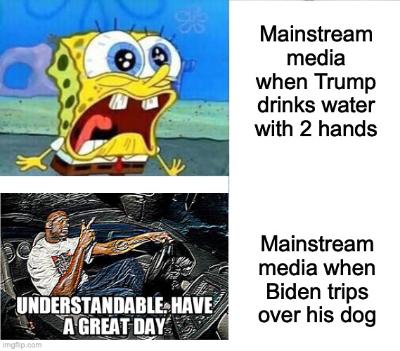 Spongebob Wallet | Mainstream media when Trump drinks water with 2 hands; Mainstream media when Biden trips over his dog | image tagged in spongebob wallet,mainstream media,joe biden | made w/ Imgflip meme maker