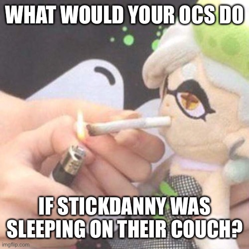 Marie Plush smoking | WHAT WOULD YOUR OCS DO; IF STICKDANNY WAS SLEEPING ON THEIR COUCH? | image tagged in marie plush smoking | made w/ Imgflip meme maker