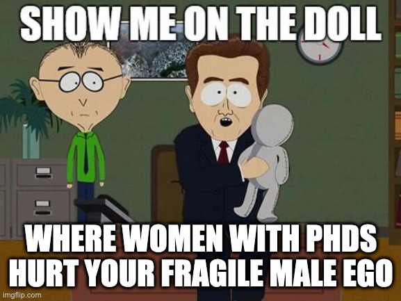 Show Me On The Doll blank | WHERE WOMEN WITH PHDS HURT YOUR FRAGILE MALE EGO | image tagged in show me on the doll blank | made w/ Imgflip meme maker