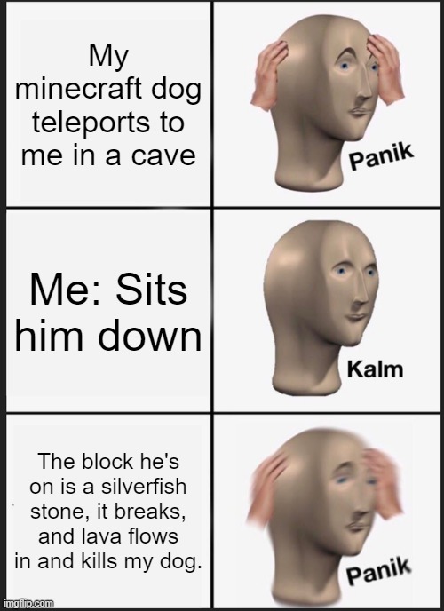 Panik Kalm Panik | My minecraft dog teleports to me in a cave; Me: Sits him down; The block he's on is a silverfish stone, it breaks, and lava flows in and kills my dog. | image tagged in memes,panik kalm panik | made w/ Imgflip meme maker