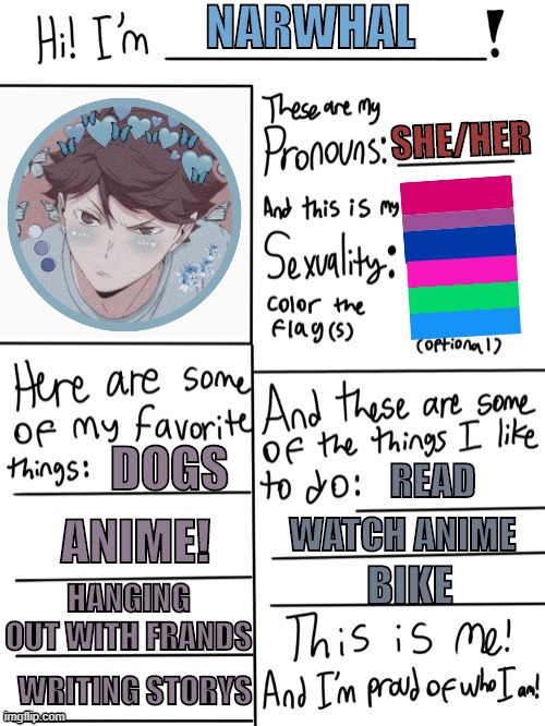 yes yes ik i just added pictures of flags, dont judge im lazy -_- | NARWHAL; SHE/HER; DOGS; READ; ANIME! WATCH ANIME; HANGING OUT WITH FRANDS; BIKE; WRITING STORYS | image tagged in lgbtq,flags,anime,profile,account | made w/ Imgflip meme maker