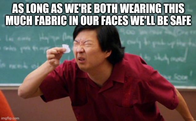 Tiny piece of paper | AS LONG AS WE'RE BOTH WEARING THIS MUCH FABRIC IN OUR FACES WE'LL BE SAFE | image tagged in tiny piece of paper | made w/ Imgflip meme maker