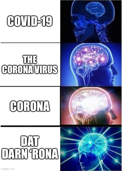 Expanding Brain Meme | COVID-19 THE CORONA VIRUS CORONA DAT DARN ‘RONA | image tagged in memes,expanding brain | made w/ Imgflip meme maker