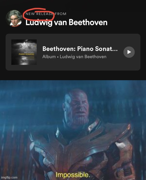 Still dropping music | image tagged in thanos impossible,memes,funny,beethoven,music | made w/ Imgflip meme maker