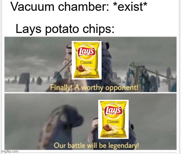Finally! A worthy opponent! | Vacuum chamber: *exist*; Lays potato chips: | image tagged in finally a worthy opponent | made w/ Imgflip meme maker