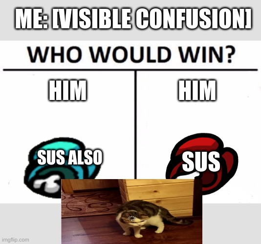 Who Would Win? Meme | ME: [VISIBLE CONFUSION]; HIM; HIM; SUS; SUS ALSO | image tagged in memes,who would win | made w/ Imgflip meme maker