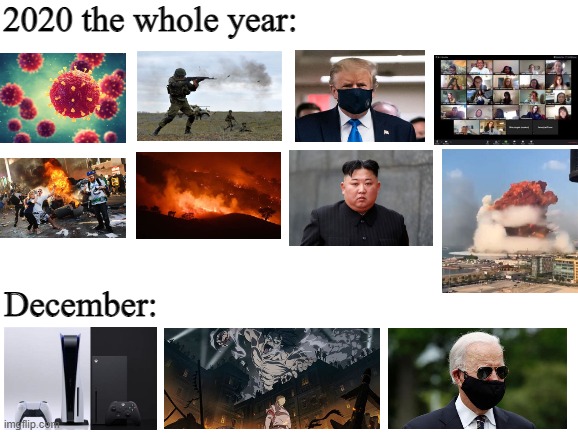 December 2020 |  2020 the whole year:; December: | image tagged in 2020,donald trump,coronavirus,covid-19,blacklivesmatter,ps5 | made w/ Imgflip meme maker