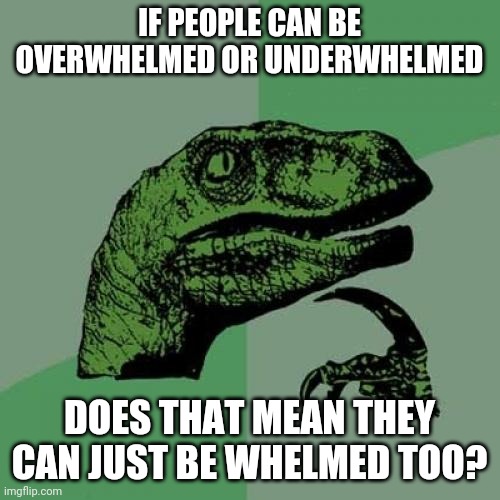 Philosoraptor | IF PEOPLE CAN BE OVERWHELMED OR UNDERWHELMED; DOES THAT MEAN THEY CAN JUST BE WHELMED TOO? | image tagged in memes,philosoraptor | made w/ Imgflip meme maker