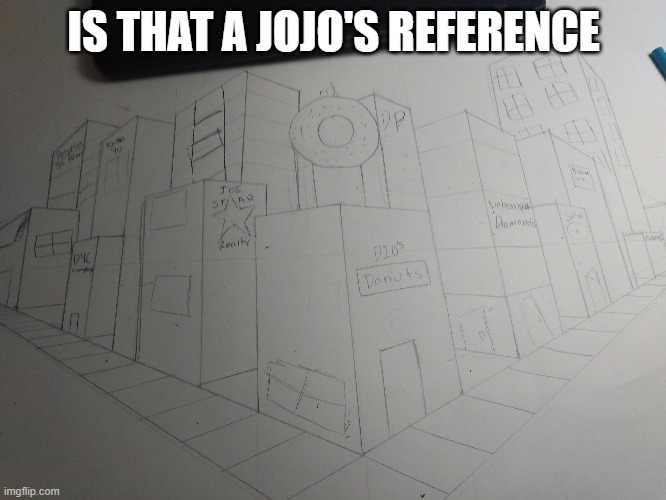 I drew this for an art project, it isn't finished yet, but I managed to sneak some JoJo References in. Please tell me if I made  | IS THAT A JOJO'S REFERENCE | made w/ Imgflip meme maker