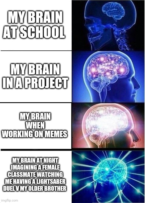 Expanding Brain Meme | MY BRAIN AT SCHOOL; MY BRAIN IN A PROJECT; MY BRAIN WHEN WORKING ON MEMES; MY BRAIN AT NIGHT IMAGINING A FEMALE CLASSMATE WATCHING ME HAVING A LIGHTSABER DUEL V MY OLDER BROTHER | image tagged in memes,expanding brain | made w/ Imgflip meme maker