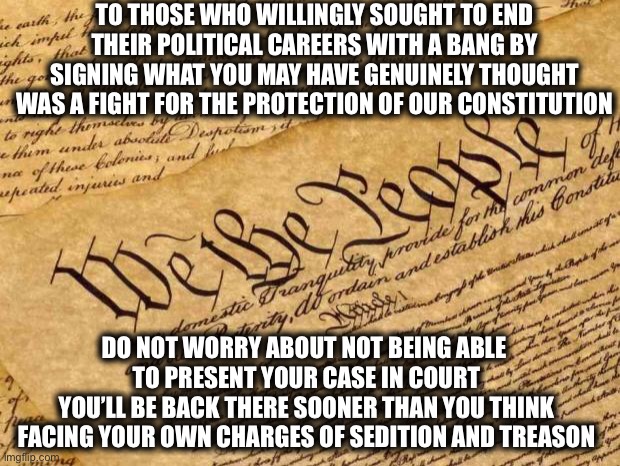 We the People v. The Partisan Hacks | TO THOSE WHO WILLINGLY SOUGHT TO END THEIR POLITICAL CAREERS WITH A BANG BY SIGNING WHAT YOU MAY HAVE GENUINELY THOUGHT WAS A FIGHT FOR THE PROTECTION OF OUR CONSTITUTION; DO NOT WORRY ABOUT NOT BEING ABLE 
TO PRESENT YOUR CASE IN COURT
YOU’LL BE BACK THERE SOONER THAN YOU THINK
FACING YOUR OWN CHARGES OF SEDITION AND TREASON | image tagged in constitution,we the people | made w/ Imgflip meme maker