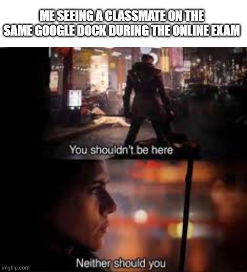 ME SEEING A CLASSMATE ON THE SAME GOOGLE DOCK DURING THE ONLINE EXAM | image tagged in you shouldnt be here,online school,school meme,school,exam | made w/ Imgflip meme maker