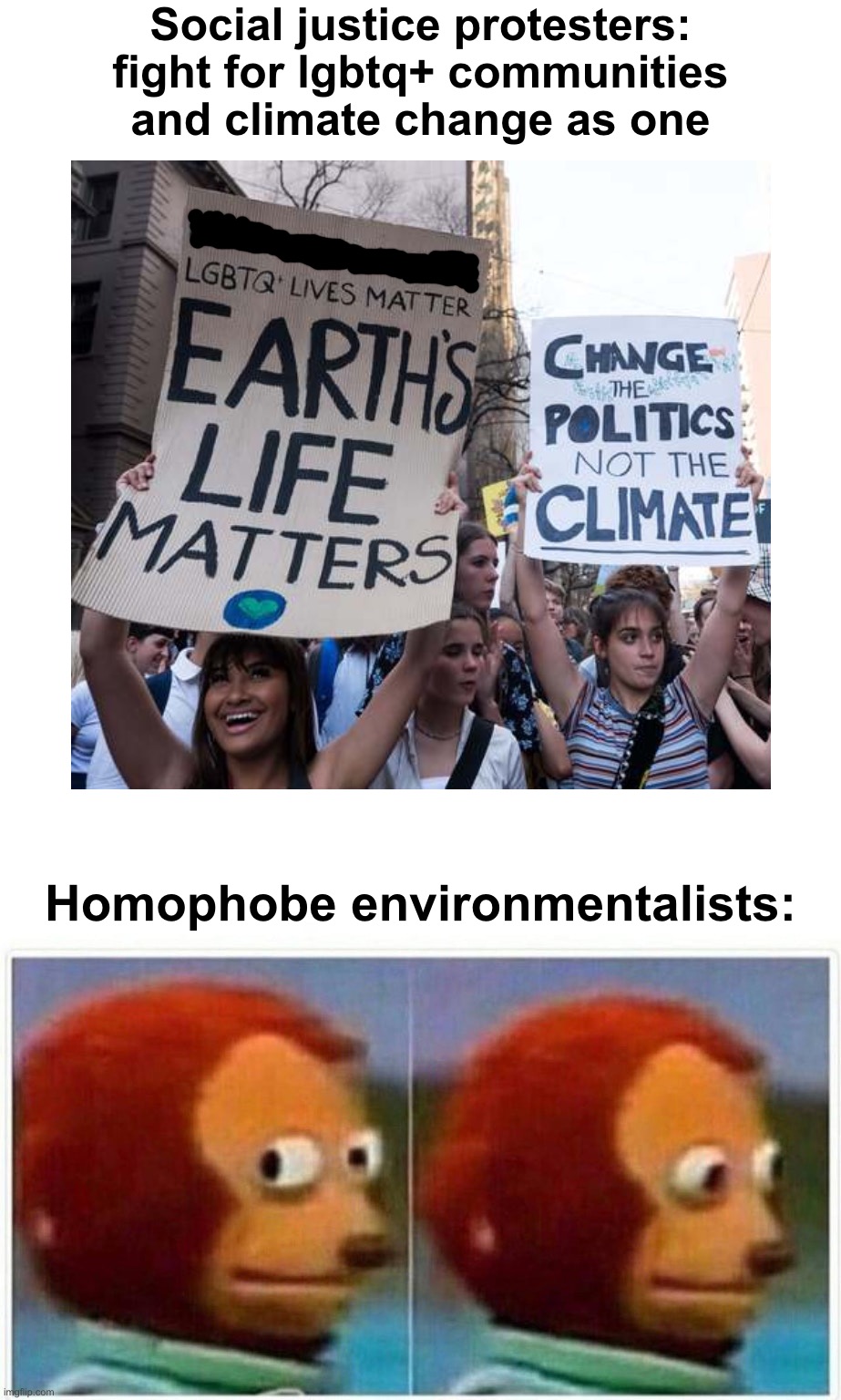 The Diversity of Environmentalists | Social justice protesters:
fight for lgbtq+ communities and climate change as one; Homophobe environmentalists: | image tagged in memes,monkey puppet,climate change,political correctness,funny memes,funny | made w/ Imgflip meme maker