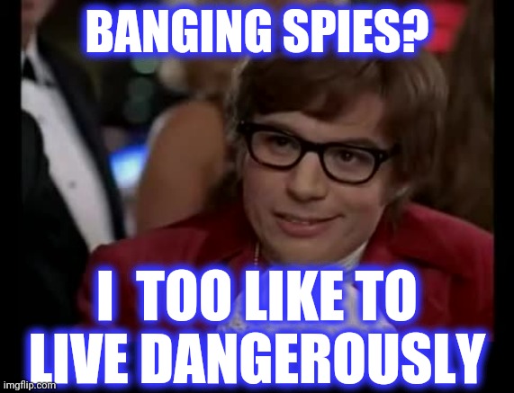 I Too Like To Live Dangerously Meme | BANGING SPIES? I  TOO LIKE TO
LIVE DANGEROUSLY | image tagged in memes,i too like to live dangerously | made w/ Imgflip meme maker