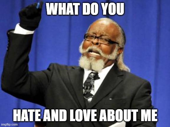 t r e n d | WHAT DO YOU; HATE AND LOVE ABOUT ME | image tagged in memes,too damn high | made w/ Imgflip meme maker