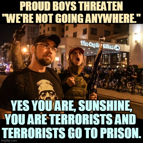 The next administration will be less accomodating towards domestic terrorism. | PROUD BOYS THREATEN "WE'RE NOT GOING ANYWHERE."; YES YOU ARE, SUNSHINE, YOU ARE TERRORISTS AND 
TERRORISTS GO TO PRISON. | image tagged in proud,boys,terrorists,prison | made w/ Imgflip meme maker