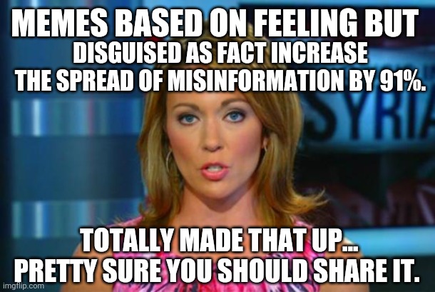 Misinformed Reporter | MEMES BASED ON FEELING BUT; DISGUISED AS FACT INCREASE THE SPREAD OF MISINFORMATION BY 91%. TOTALLY MADE THAT UP... PRETTY SURE YOU SHOULD SHARE IT. | image tagged in misinformed reporter | made w/ Imgflip meme maker