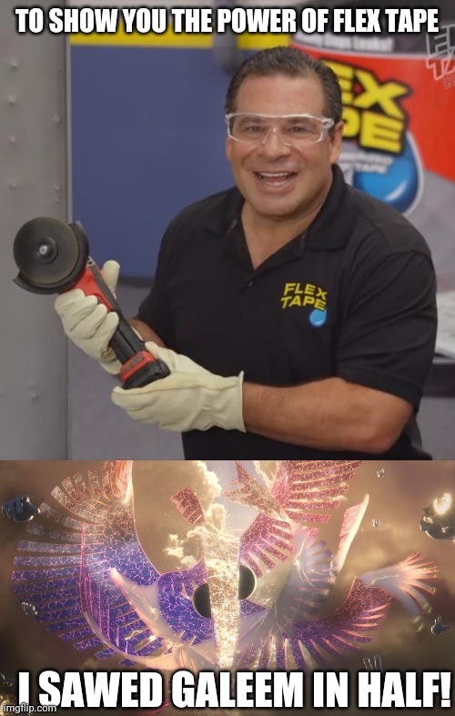 That's alot of damage! | TO SHOW YOU THE POWER OF FLEX TAPE; I SAWED GALEEM IN HALF! | image tagged in phil swift flex tape,flex tape,phil swift,smash bros,sephiroth,thats a lot of damage | made w/ Imgflip meme maker